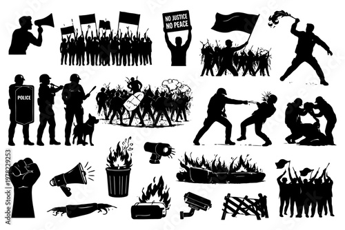 Protest silhouettes: demonstrators, police, and symbols of resistance.