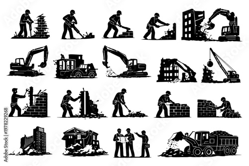 Silhouettes of construction activities with heavy machinery and workers.