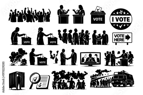 Black and white illustrations of voting and election scenes.