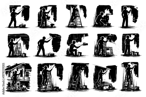 Silhouettes of male painters painting walls with brushes and rollers.