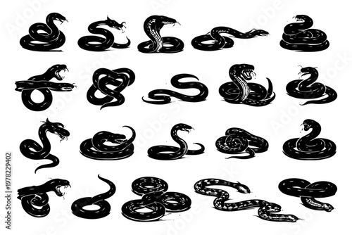 Collection of intricate black snake silhouettes in various coiled poses.