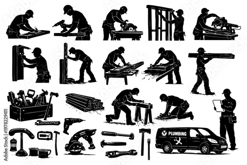 Silhouettes of construction workers and tools in various actions.