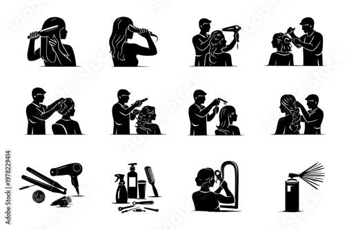 Hair salon tools and techniques silhouette collection.