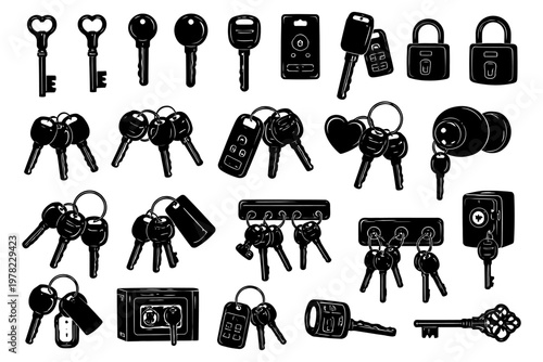 Variety of key and lock designs featuring skeleton keys and modern locks.