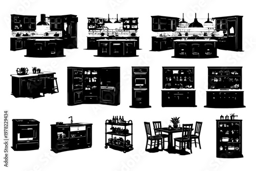 Set of black silhouette kitchen furniture and appliances collection.