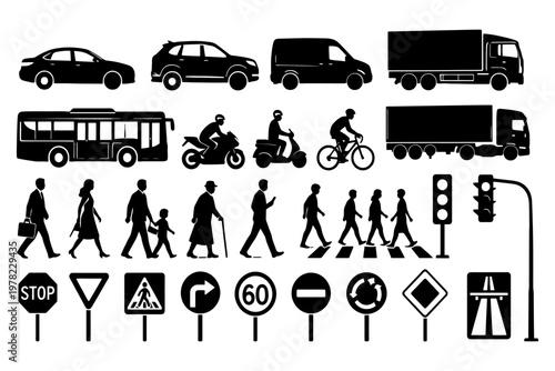 Traffic silhouettes: vehicles, pedestrians, road signs, and signals.