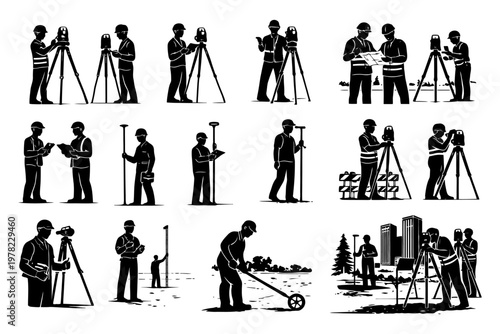 Silhouettes of surveying engineers conducting fieldwork with equipment.