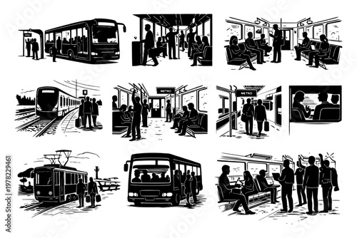 Black and white public transportation scenes with diverse commuters.