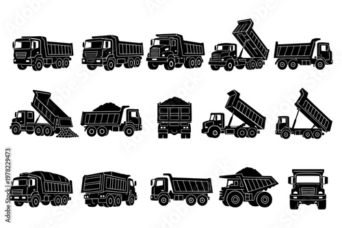 Set of various dump truck icons in different angles and actions.