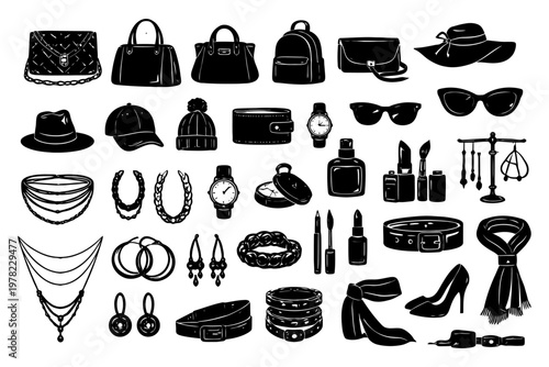 Fashion accessories collection: bags, hats, sunglasses, watches, jewelry, shoes.
