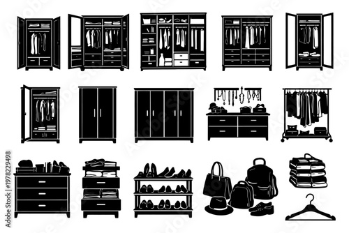 Wardrobe and closet set with accessories and organizers in black silhouette design.