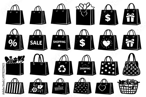 Collection of various shopping bags with diverse designs and patterns.
