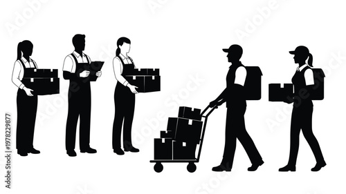 Delivery workers with packages and cart a striking black silhouette