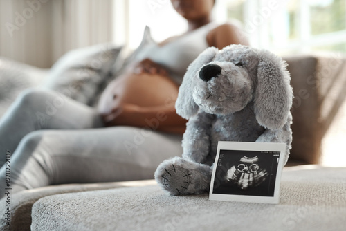 Konstfotografi Pregnant, teddy or ultrasound in house with expecting, prenatal screening or parenthood with scan results