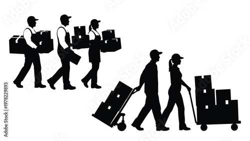 Workers carrying and transporting boxes in a linear progression silhouette