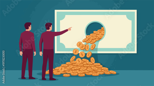 Businessmen observing gold coins flowing from a large banknote, illustrating wealth