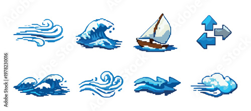 Blue water and wind icons including sailboat on gray background