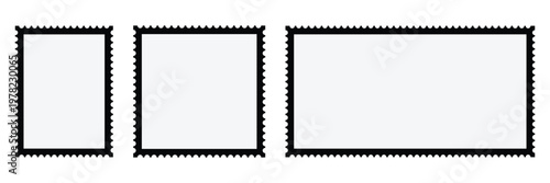 Blank postage stamps frame set with black perforated borders and empty space for mail, philately, post office, vintage correspondence, isolated on white background.