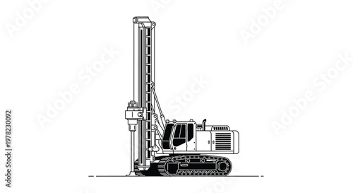 Detailed line drawing of a large drilling rig on a tracked chassis