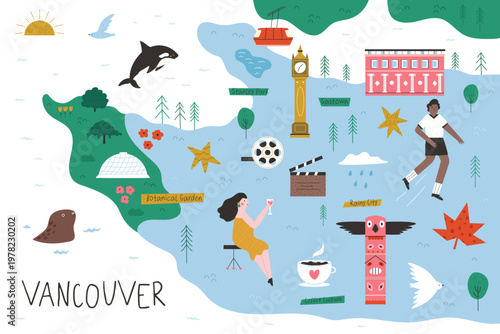 Vancouver illustrated map with landmarks, nature and city lifestyle elements
