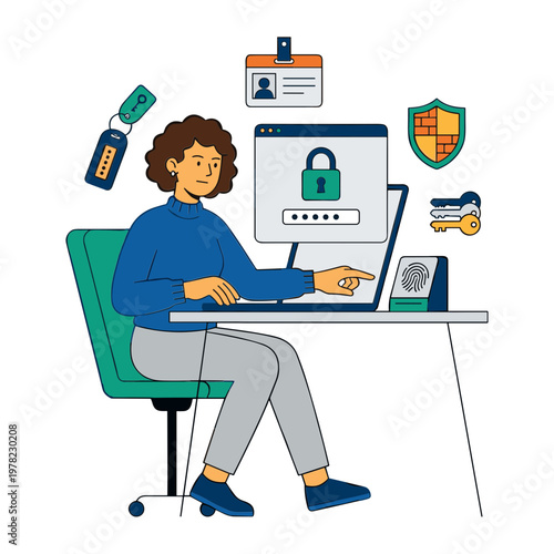 A woman sitting at a desk uses her laptop with various security icons floating around her.