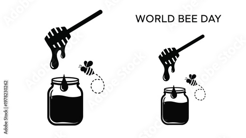 World bee day illustration with honey dipper jar and bees silhouette