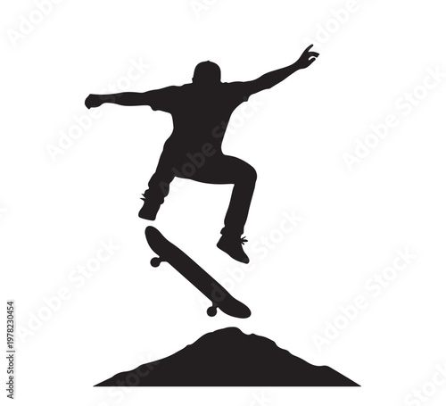 Silhouette of a skateboarder performing a trick over a mound, capturing the dynamic energy of extreme sports and urban culture