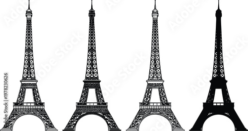 Eiffel Tower silhouette set in multiple styles, Paris landmark vector collection, France architecture icons isolated, travel tourism design elements, detailed black illustration bundle