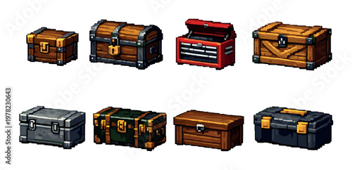 Wooden and metal storage chests and toolboxes on neutral backdrop