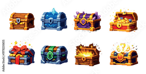 Colorful fantasy treasure chests with varied locks and decorations