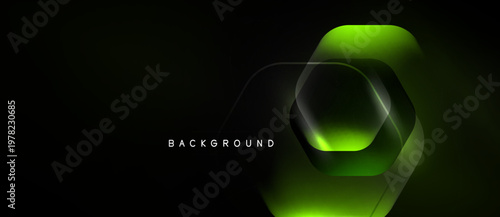 Dark backdrop features layered hexagonal shapes. Vibrant green glows emanate from center, creating modern aesthetic. Minimalist design.