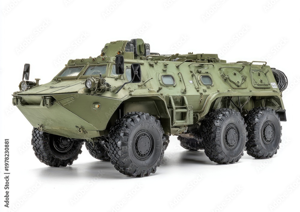 Fototapeta premium Olive green, six-wheeled armored personnel carrier with turret, on white background