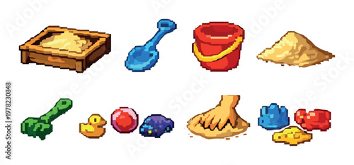 Set of sand play and toy icons on neutral gradient background