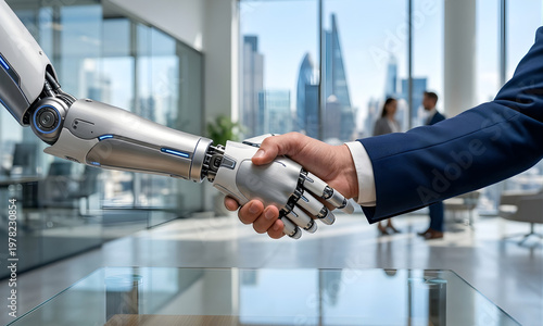 A businessman and woman conclude a deal with a professional handshake in the office and against the city background while holding a red tool
