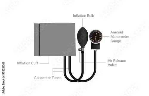 Tableau sur toile Realistic vector illustration of manual blood pressure monitor with labeled part