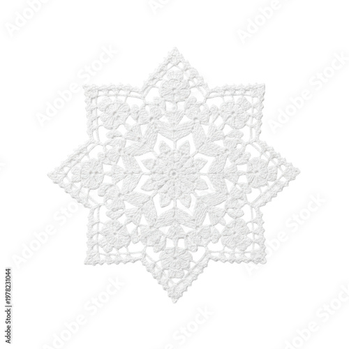 Intricate white star shaped crochet doily with floral lace motifs and scalloped edges, textured mercerized cotton yarn on solid background, vintage charm atmosphere