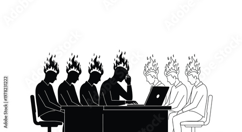 People with heads on fire sit in a meeting focused on a laptop