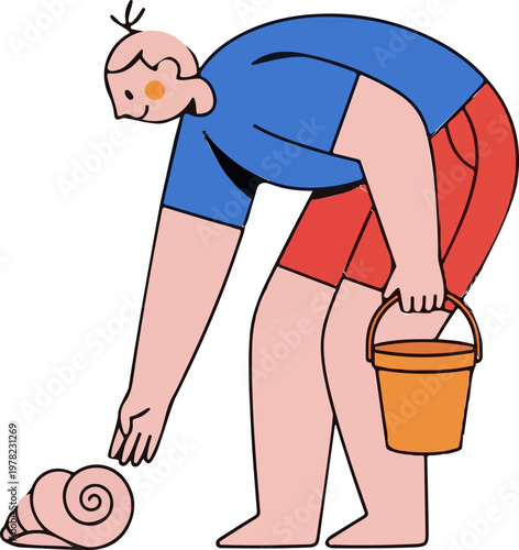Smiling man wearing shorts holds a bucket while reaching down to pick up a large seashell on beach