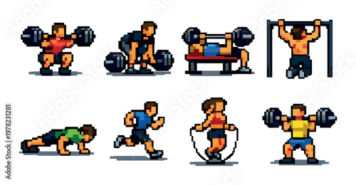Pixel fitness sprites showing exercises on plain background
