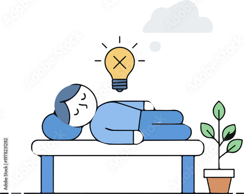 Figure lying down with a thought bubble indicating a failed idea, represented by a lightbulb with an x.