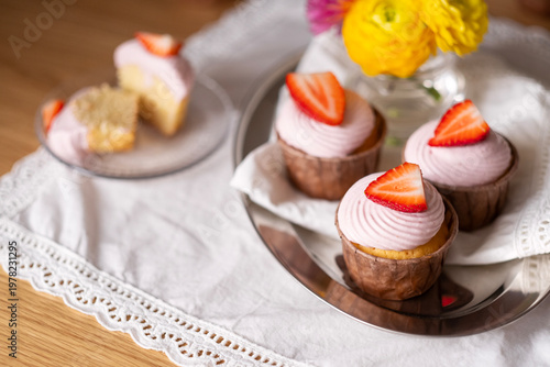 Strawberry Cupcakes and Cupcake Slices with Pink Frosting
