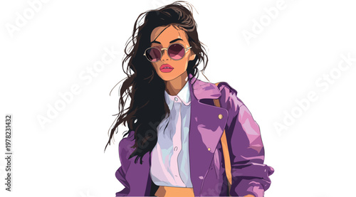 Stylish Fashion Model in Purple Coat and Sunglasses Watercolor Illustration