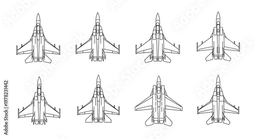Line drawing of eight fighter jets arranged in a grid pattern