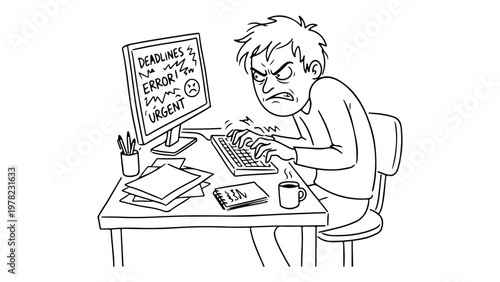 Angry Man Typing at Computer Desk Showing Work Frustration and evilness on face