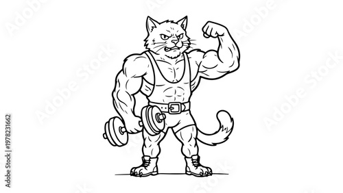 strong scary cat flexing biceps line art vector illustration on white background