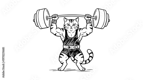 simple black and white illustration of a cat lifting heavy weight over the head on white background with serious face