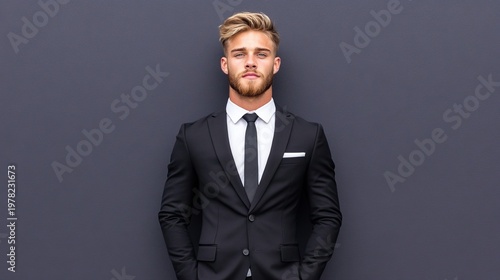 Stylish Young Man in Formal Suit Against Dark Gray Background
