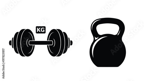 Dumbbells and kettlebell icons illustrate fitness and strength training silhouette