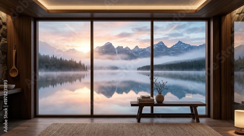 Modern luxury resort interior room with large panoramic window view of serene mountain lake, forest and mountains at colorful sunset, generative AI