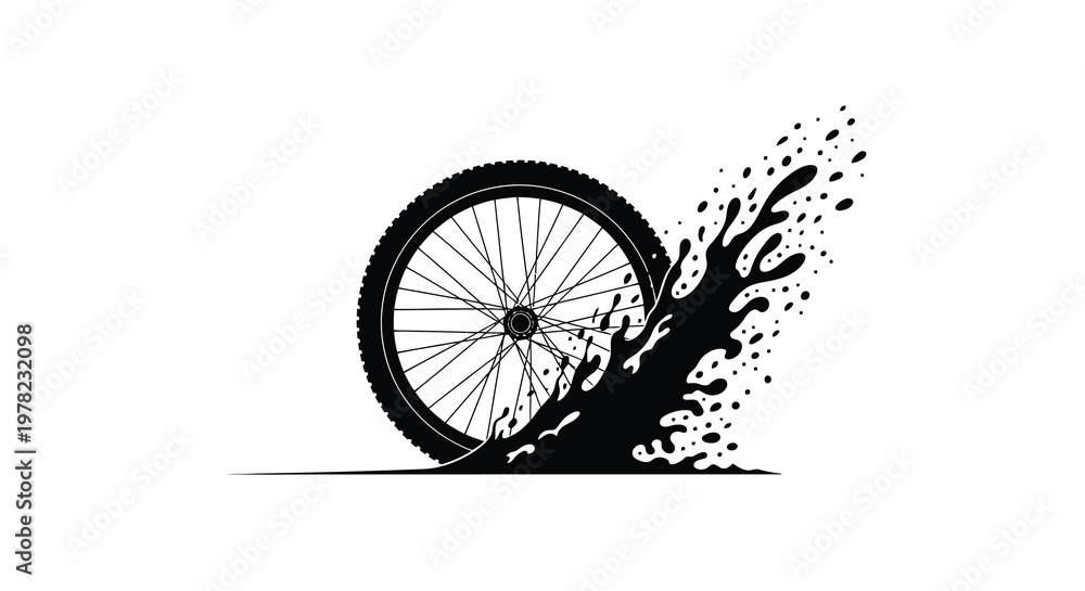 Fototapeta premium A black silhouette of a bicycle wheel rolling through splashed liquid